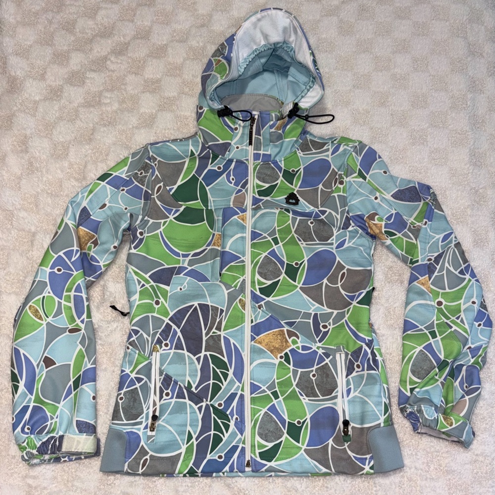 Women’s Empyre Hooded Snowboard Ski Jacket in Green Blue + Gray Design • Medium